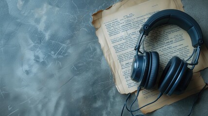 Classic headphones laying on a pile of aged, handwritten music sheets
