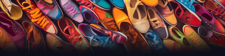 Colourful banner, background of multicoloured shoes 