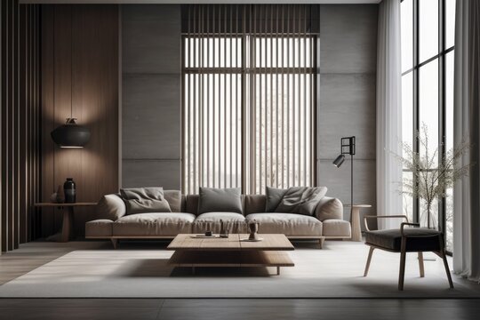 Interior of a luxurious living room with a huge window, white and wooden walls, and a dark wooden floor. a coffee table and a soft gray sofa. a banner. simulated toned image