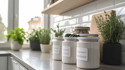 Plastic Canister On Kitchen Counter With Labels
