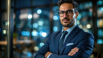 Fototapeta premium Stylish businessman with arms crossed standing in a modern office at night