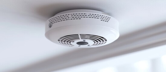 Modern white smoke detector on a white ceiling warns people of potential fire dangers.