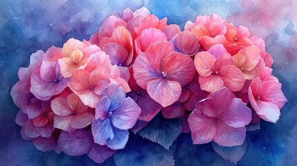 Fototapeta premium a painting of pink and purple flowers on a blue and pink watercolored background, with space for text.