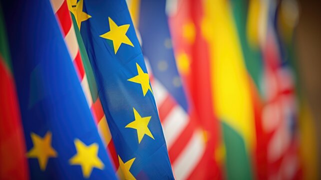 Blurry European Union flags representing diverse countries