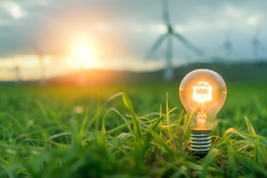 Electric light bulb glowing on green grass on field a windmill background. Green energy concept.