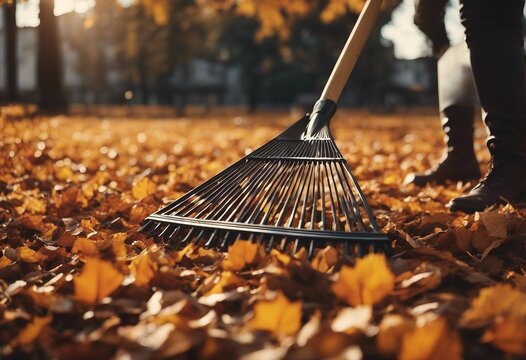 Person rake leaves in a big autumn garden