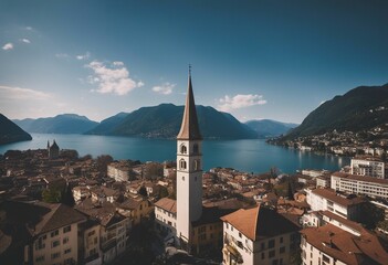 Scenic cityscape of Lugano with Cathedral of Saint Lawrence bell tower and lake view and dramatic li - obrazy, fototapety, plakaty