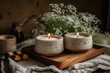 Fototapeta na wymiar On a wooden platform, scented candles in a flowerpot. Candle made of soy and gypsophila sprig