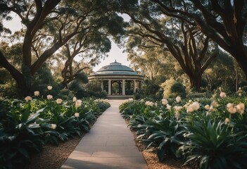 Obraz premium Botanical garden with white flowers and path to royal building in circle shape