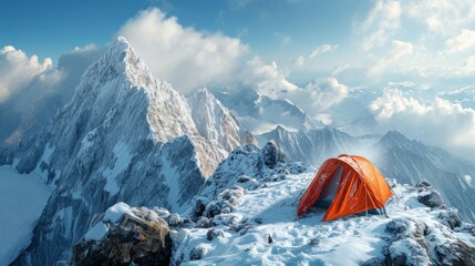 An orange tent stands out against the snowy mountain peak, signifying adventure