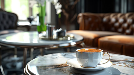 A cup of coffee in an elegant, luxurious and contemporary setting.