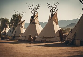 Indian native village in the sunny desert with teepee white tents