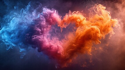  a colorful cloud of smoke in the shape of a heart on a black background with a red, orange, and blue smoke trail. - obrazy, fototapety, plakaty