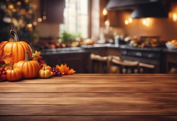 Wooden table free space with pumpkins thanksgiving theme blurred background