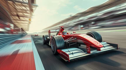 Foto op Plexiglas Formule 1 Racer on a racing car passes the track. Motion blur background. 3D rendering