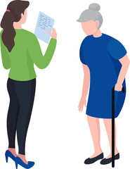 Young woman showing document to elderly lady with cane. Brunette reading paper to senior in blue dress. Care for elderly concept vector illustration.