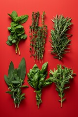 A vibrant collection of culinary herbs on a red background