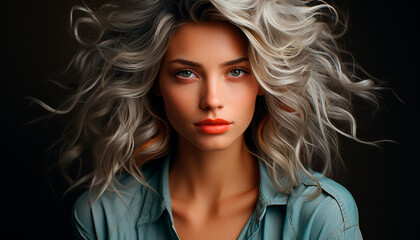 Beautiful woman with long blond curly hair, looking at camera generated by AI