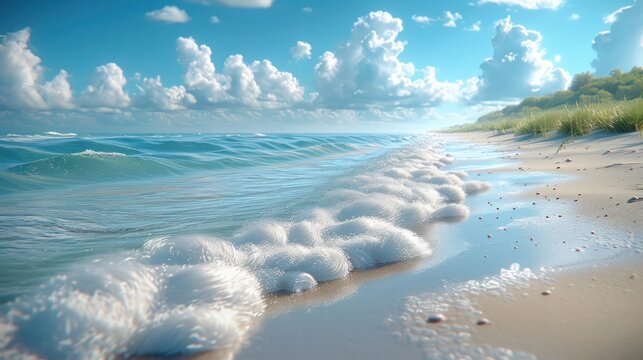  a painting of a beach with waves coming in and out of the water on a sunny day with clouds in the sky.