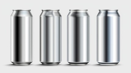 Realistic soda aluminium cans, silver drink mockups. Isolated vector metal 3d tin jars front view. Metallic tubes and tall blank canisters with lemonade, juice, coffee or invigorating beverage