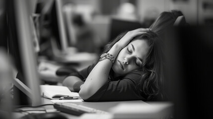 woman sleeping at her desk at work