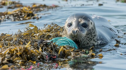 seal surrounded by plastic on the sea sandy ocean shore after the release of factory production pollution, environmental disaster concept, saving the planet