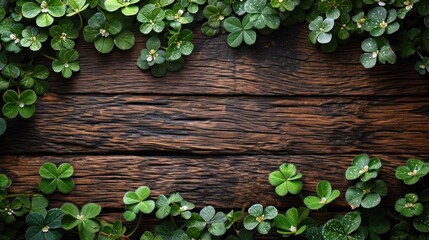  a bunch of green leaves on a wooden surface with a place for a text or an image to put on it.
