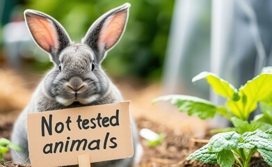 gray rabbit bunny with sign not tested animals for cosmetic and industrial companies, the concept of environmental treatment and protection of animals