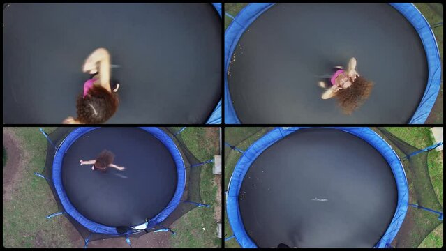 Collage with woman in sports suit jumps on round trampoline. Aerial view