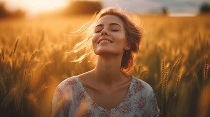 Woman basking in the warmth of a wheat field at sunset