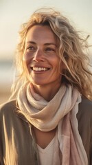 Content woman smiling in soft light with a cozy scarf