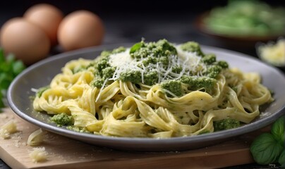 Cooked pasta with herbs, sauce and other ingredients