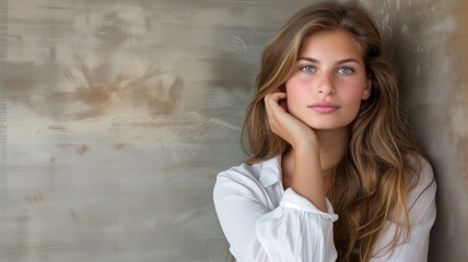 Thoughtful young woman leaning against a textured wall
