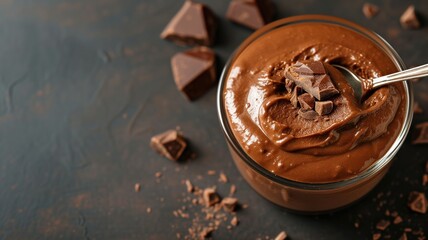 Decadent chocolate mousse with chocolate pieces in a clear bowl