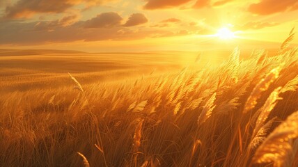 The sun setting over a vast golden wheat field under a dramatic sky