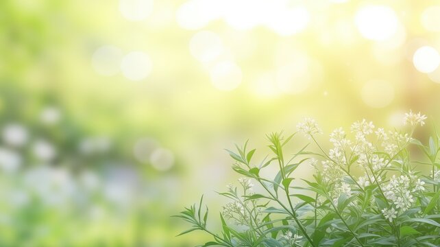 Delicate white flowers with lush green foliage on a bright, bokeh background