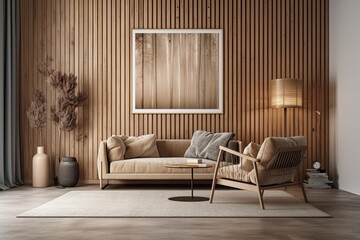 Unadorned hardwood wall in a contemporary living room. interior design mockup in a modern, minimalistic style. Free copy and space for your poster or picture. Sofa, pampas grass, and an armchair