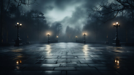 Empty park at night with fog and lanterns with stone tiles. Foggy background - obrazy, fototapety, plakaty