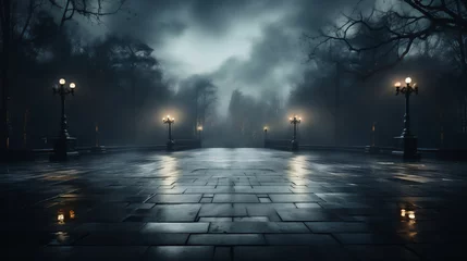 Foto op Canvas Empty park at night with fog and lanterns with stone tiles. Foggy background © Irina Flamingo