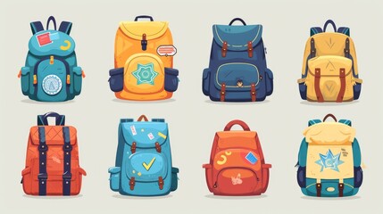 Travel bags. Cartoon knapsack and suitcase. Tourist case with stickers. Camping and hiking rucksack. Journey and adventure baggage. Travelers luggage. Vector traveling backpacks set - obrazy, fototapety, plakaty