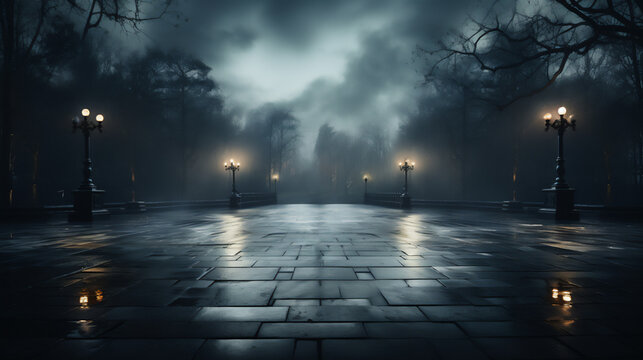 Empty park at night with fog and lanterns with stone tiles. Foggy background