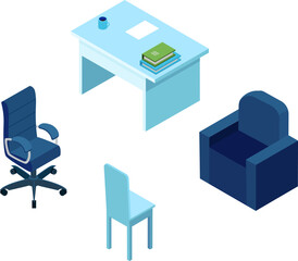 Isometric office furniture set with desk, chairs, and sofa. Blue office interior elements vector illustration. Modern workspace design and organization.