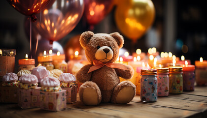 Cute teddy bear candlelight brings birthday celebration generated by AI