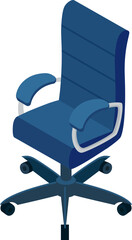 Blue office chair with armrests on wheels. Modern ergonomic swivel chair design. Comfortable workplace furniture vector illustration.
