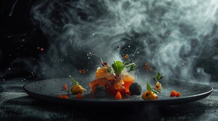  a plate that has food on it with smoke coming out of the top of the plate and on the bottom of the plate.
