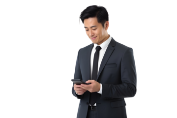 asian businessman in suit browsing on mobile phone isolated on transparent background