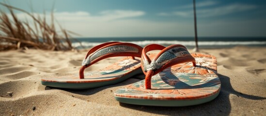 Flip flops on a sandy ocean beach. - obrazy, fototapety, plakaty