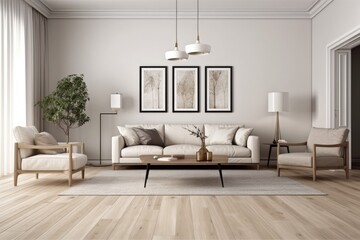 Modern living room interior background in beige colors, sofa with coffee table and dried flowers on wooden floor, empty horizontal poster frame mockup,