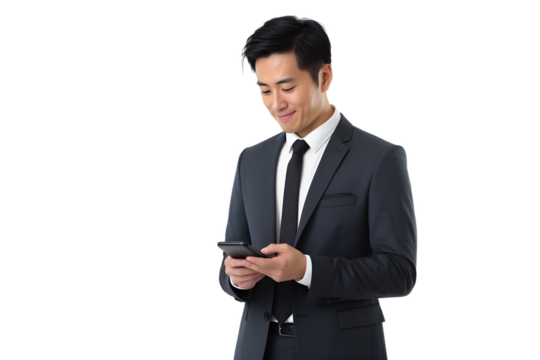 asian businessman in suit browsing on mobile phone isolated on transparent background - Powered by Adobe