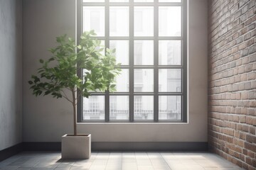 Exterior brick wall with potted plant and white window, depicting a home office interior, blank background with text space, architectural design concept